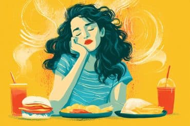 This shows a stressed woman surrounded by comfort foods.