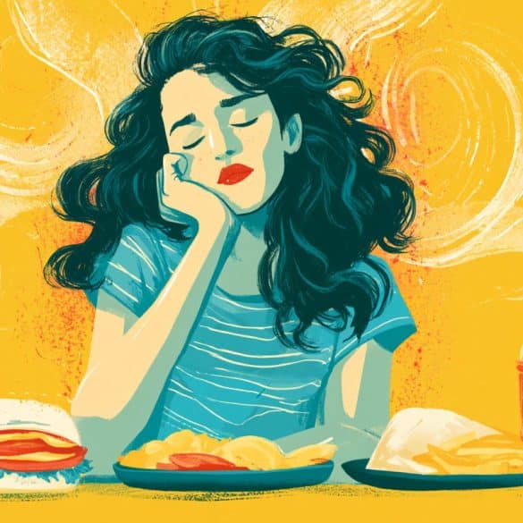 This shows a stressed woman surrounded by comfort foods.