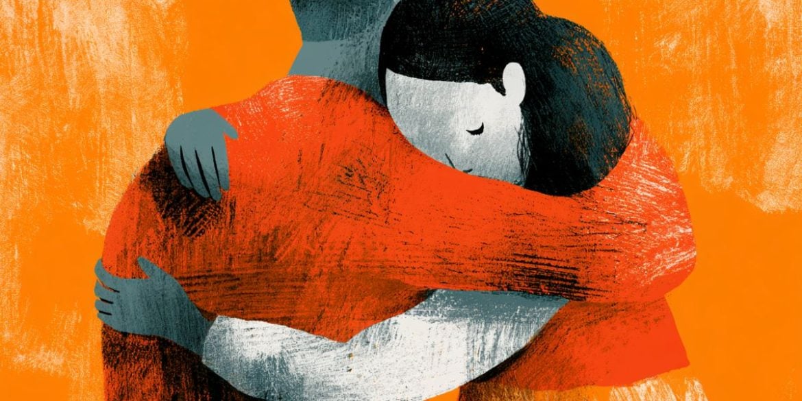 This shows a person holding another upset person, comforting them.