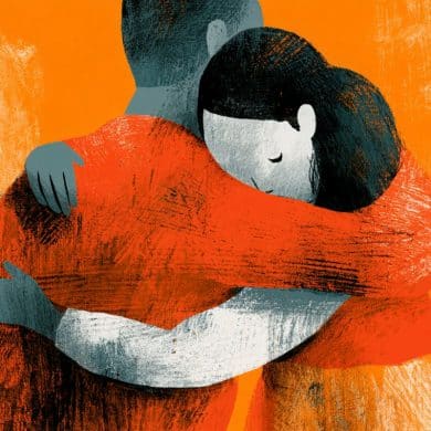This shows a person holding another upset person, comforting them.