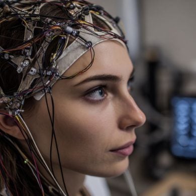 This shows a woman in an EEG cap.