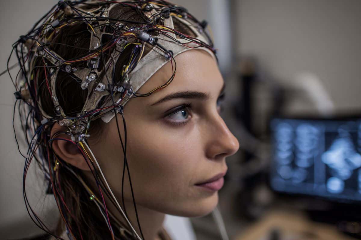This shows a woman in an EEG cap.