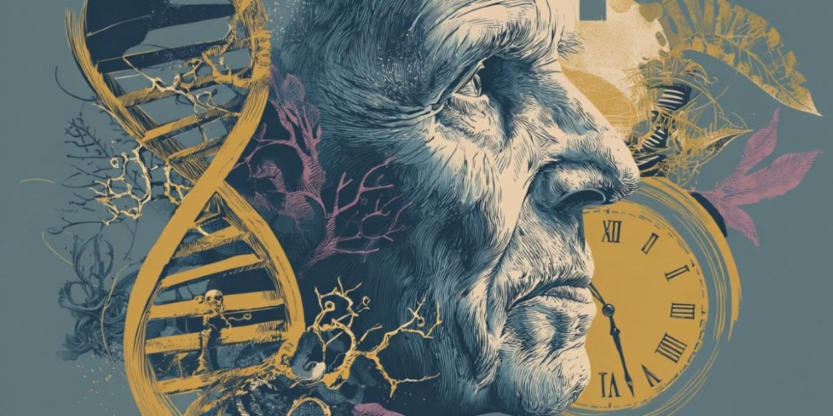 This shows a clock, an older man, and DNA.