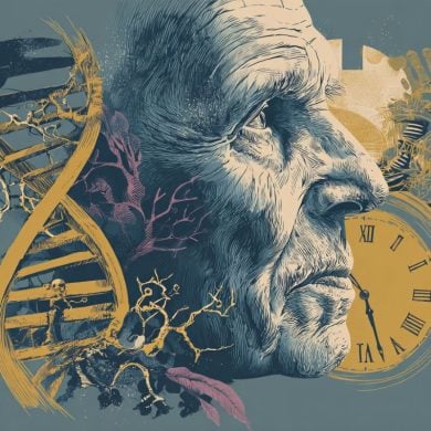 This shows a clock, an older man, and DNA.