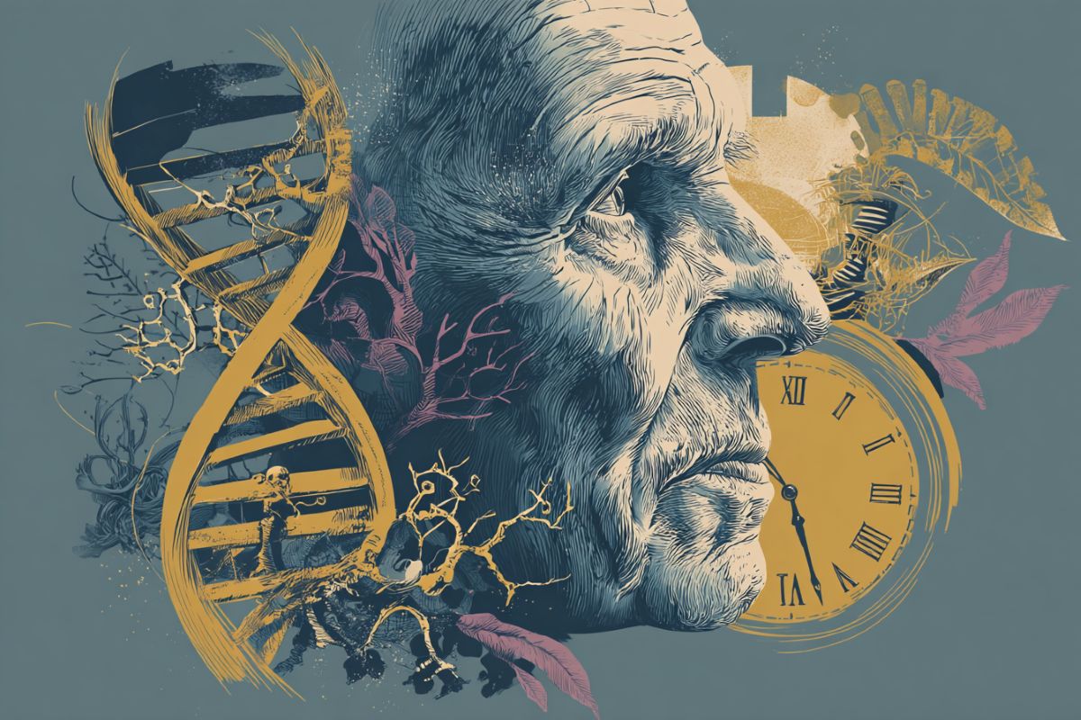 This shows a clock, an older man, and DNA.