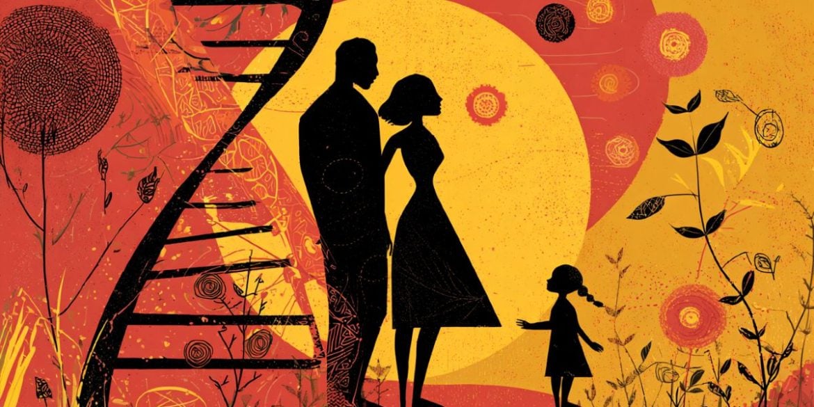 This shows a child, their parents, and DNA