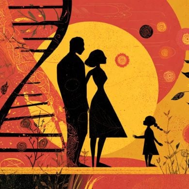 This shows a child, their parents, and DNA