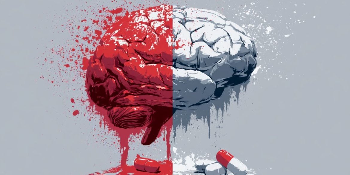 This shows a brain and pills. One half of the brain is red, implying violence.