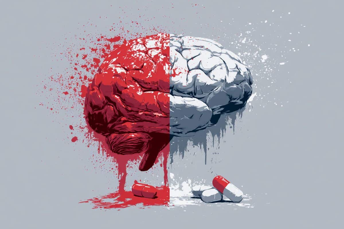 This shows a brain and pills. One half of the brain is red, implying violence.