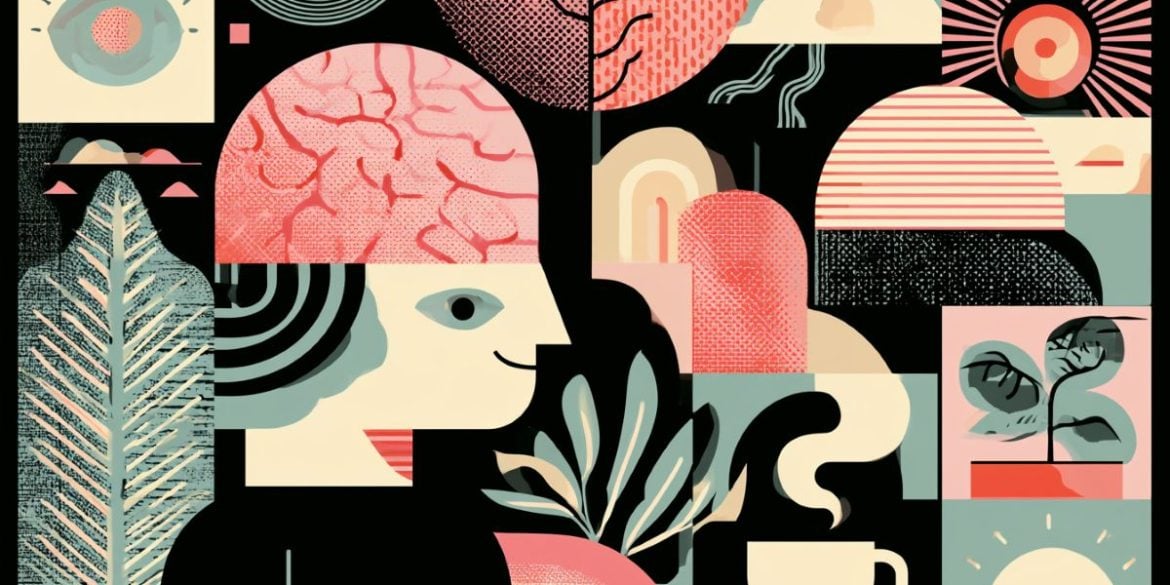 This shows a person surrounded by things like coffee cups, trees, and plants.