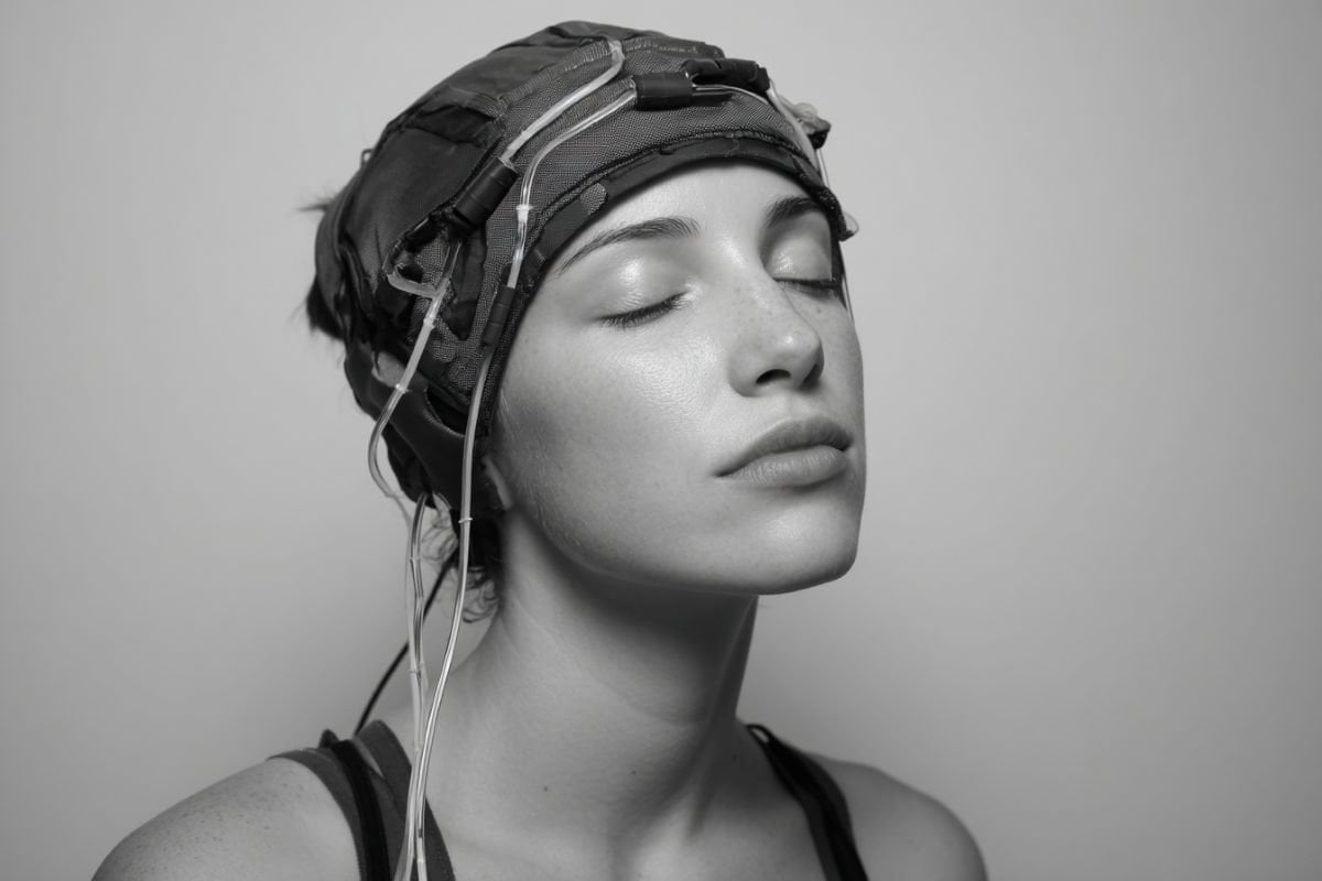 This shows a woman with a headcap on.