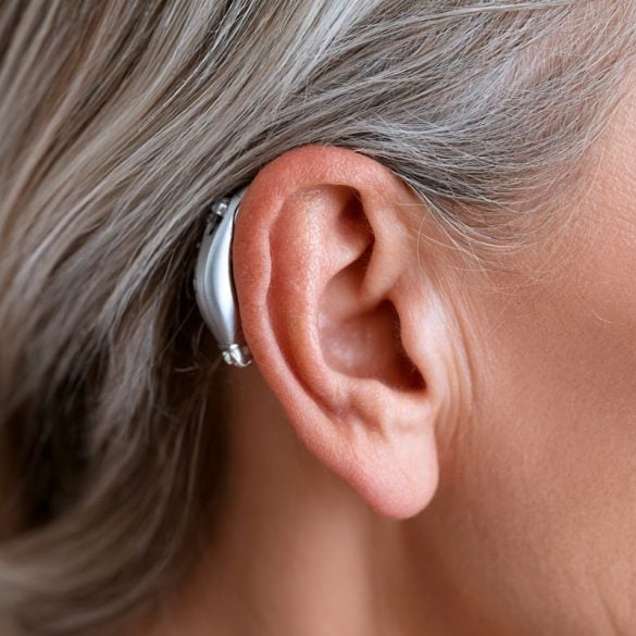 This shows an ear and a hearing aid.