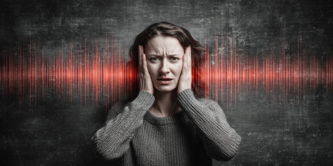 This shows a woman holding her ears, surrounded by sound waves.