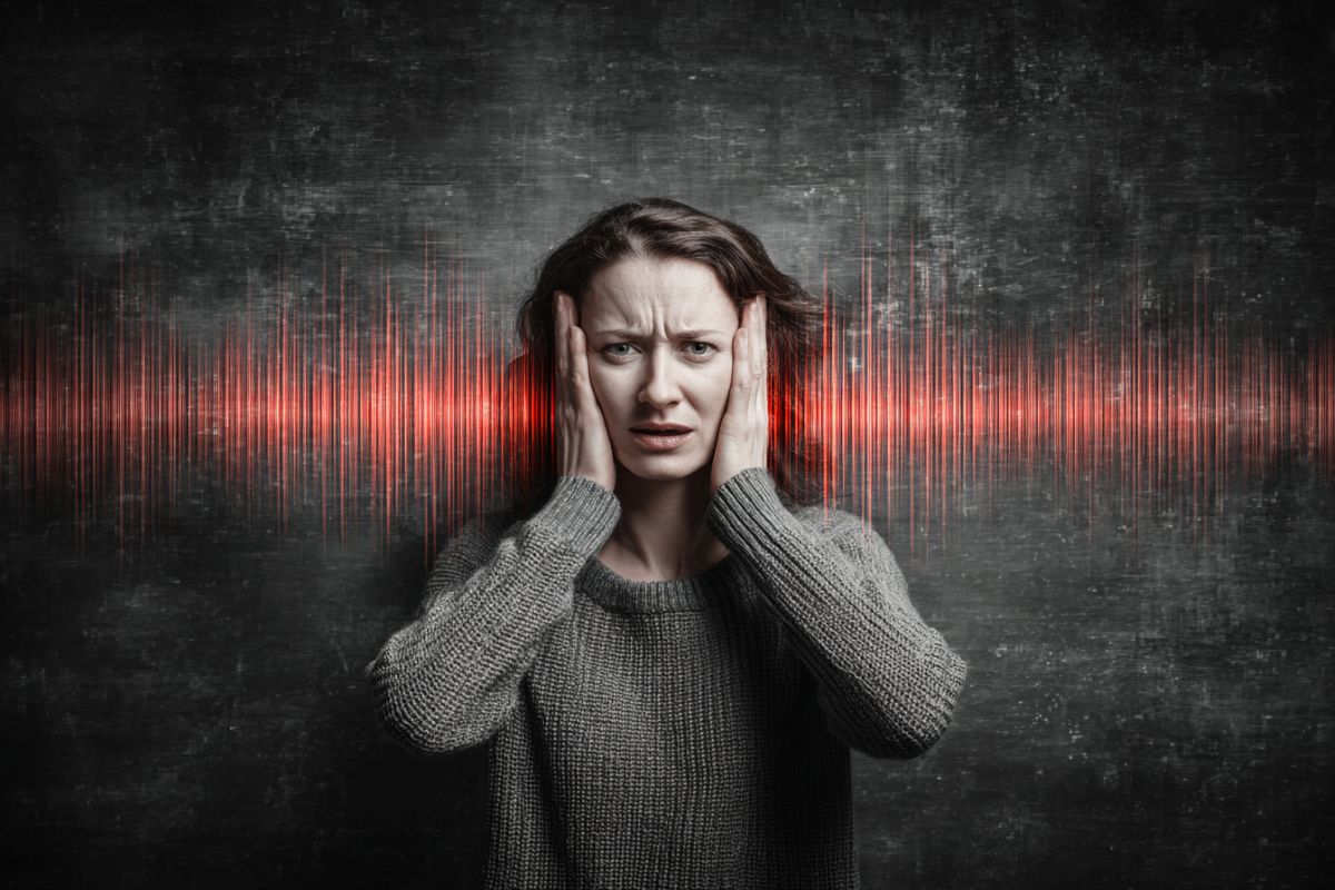 This shows a woman holding her ears, surrounded by sound waves.