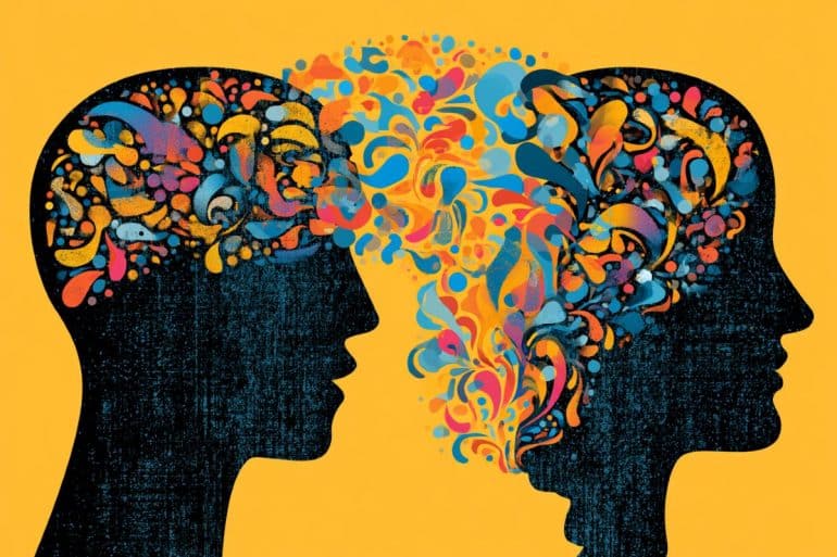 This shows the outline of two heads and speech bubbles.