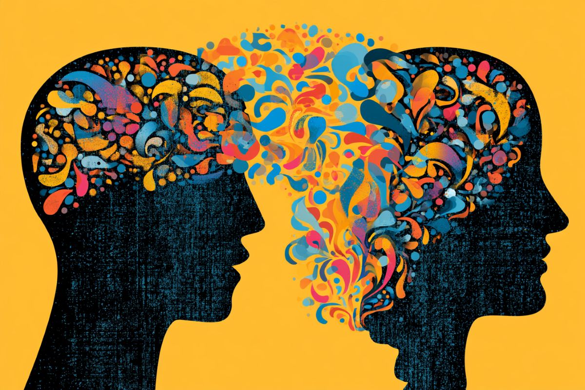 This shows the outline of two heads and speech bubbles.
