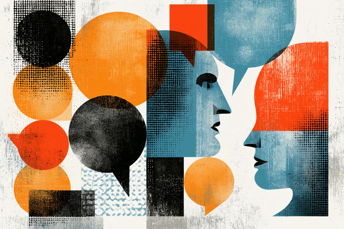 This shows two heads and speech bubbles.