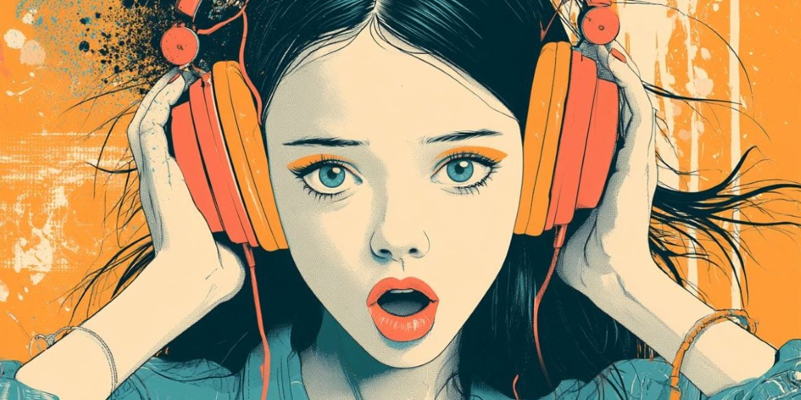 This shows a shocked woman listening to music.