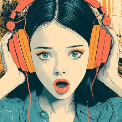 This shows a shocked woman listening to music.
