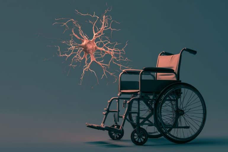 This shows a neuron and an empty wheelchair.