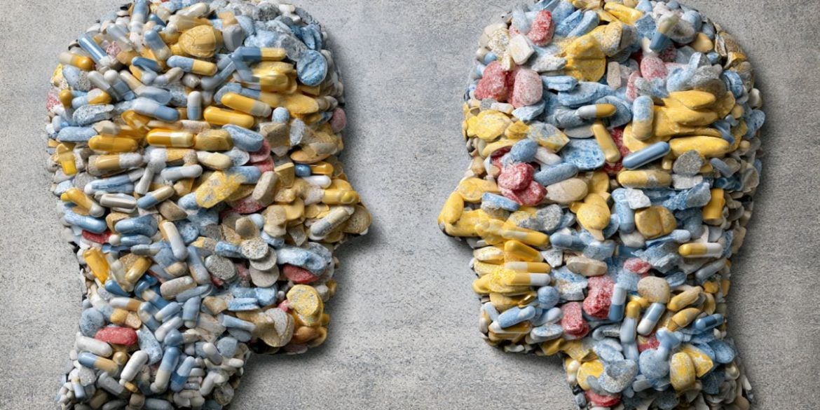 This shows two heads made of pills.