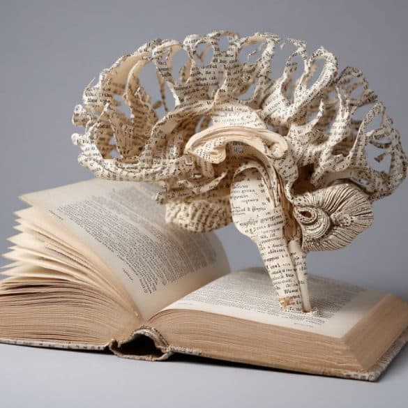 This shows a book and a brain made out of paper.