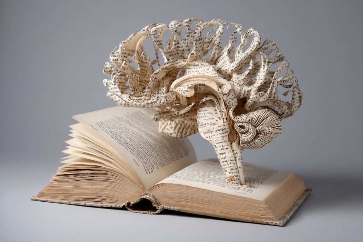 This shows a book and a brain made out of paper.