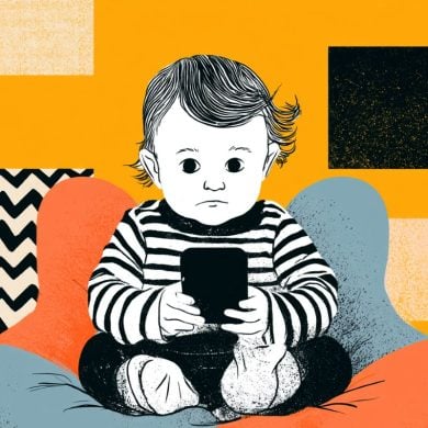 This shows a toddler on a cell phone.