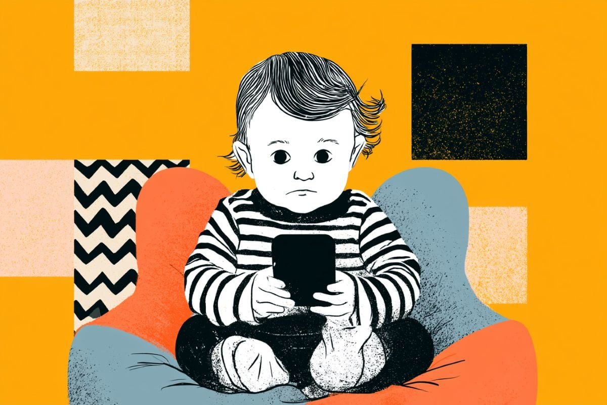 This shows a toddler on a cell phone.