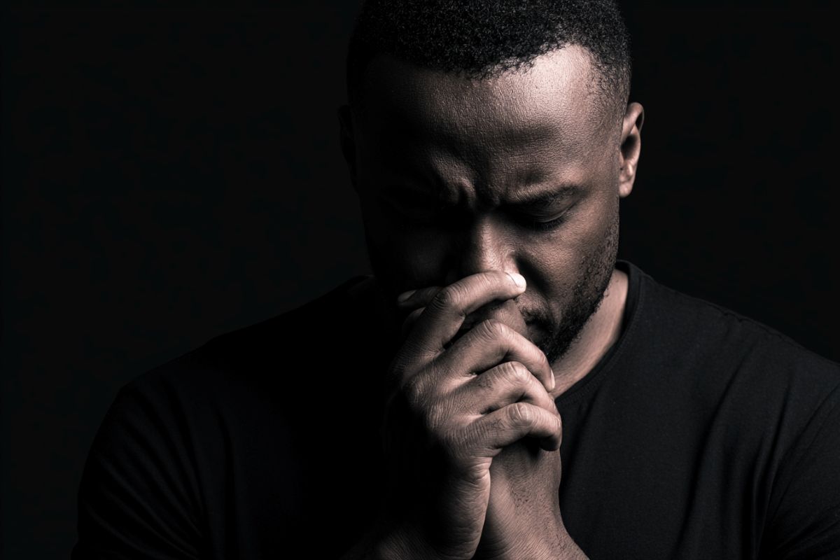 This shows a depressed man with his hands to his nose.