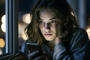 This shows a sad teen on her cell phone.