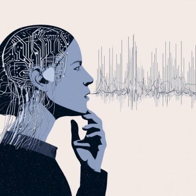 This shows a woman's head and speech sound waves.