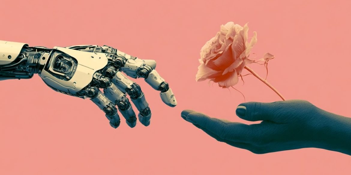 This shows a robot hand and a human hand holding a rose.