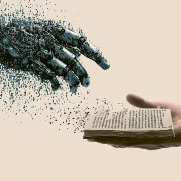 This shows a hand holding a book and a robotic hand.