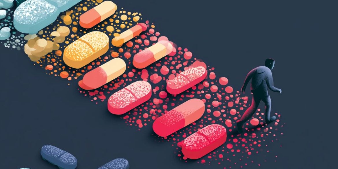 This shows pills and a person walking.