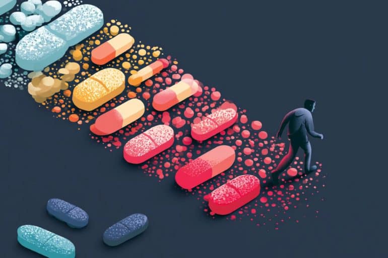 This shows pills and a person walking.