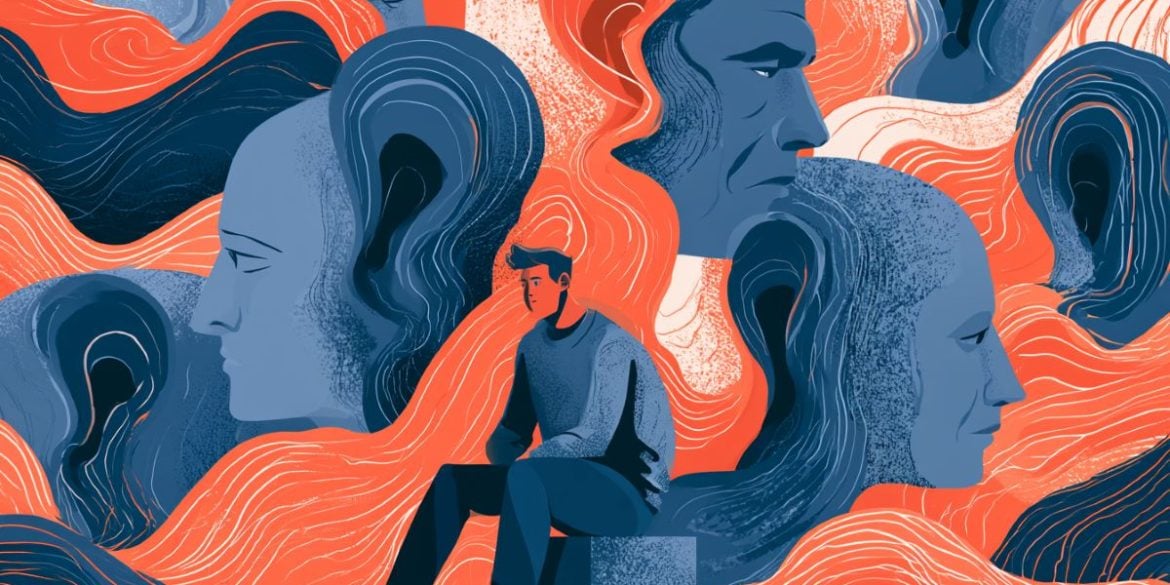 This shows a person surrounded by ears and faces.