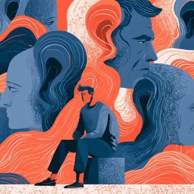 This shows a person surrounded by ears and faces.