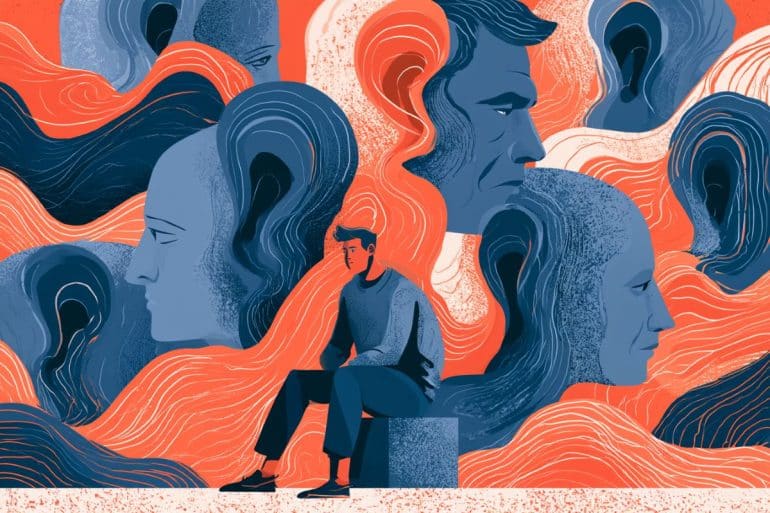 This shows a person surrounded by ears and faces.