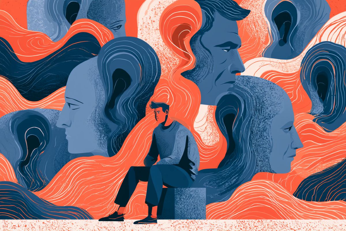 This shows a person surrounded by ears and faces.
