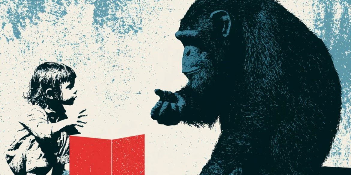 This shows an ape, a child, and a block.