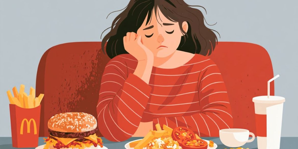 This shows a person surrounded by food.