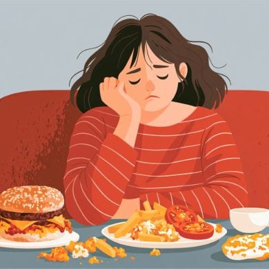 This shows a person surrounded by food.