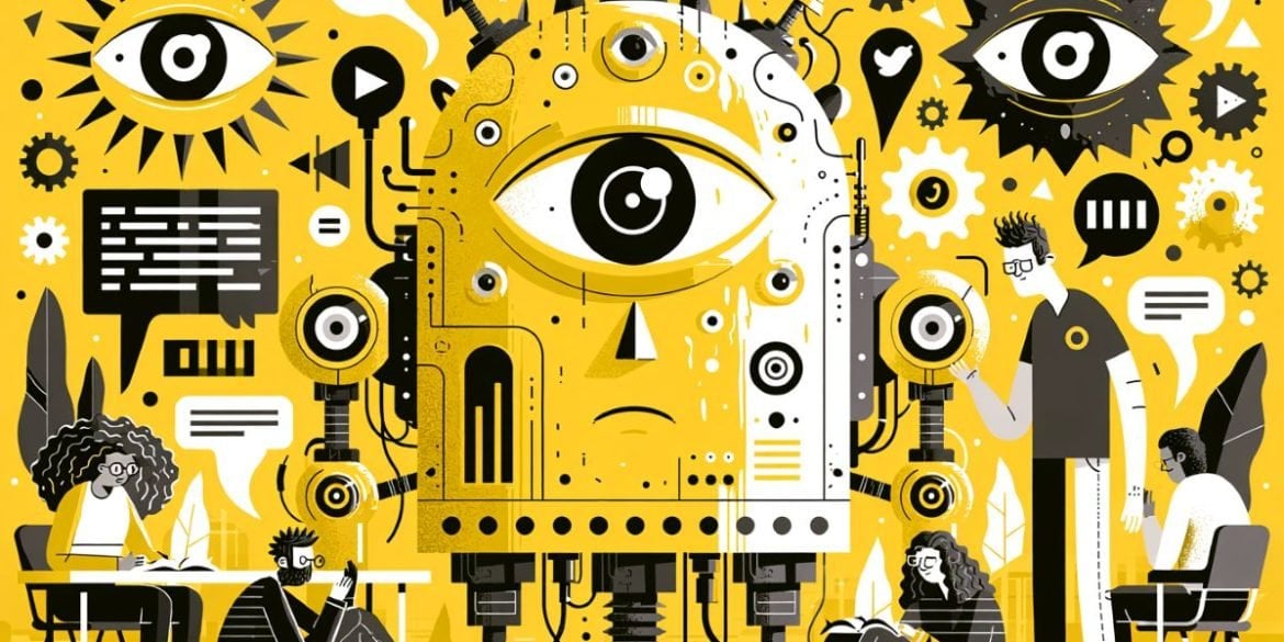 This illustration shows a robot and students.