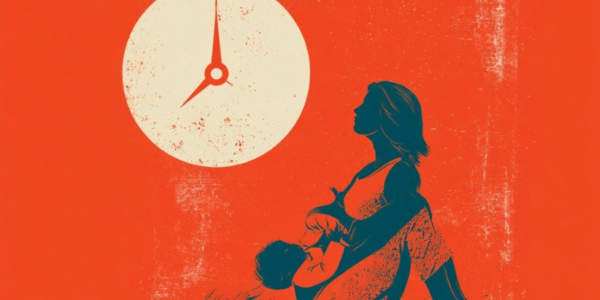 This shows a clock, a mom and a baby.