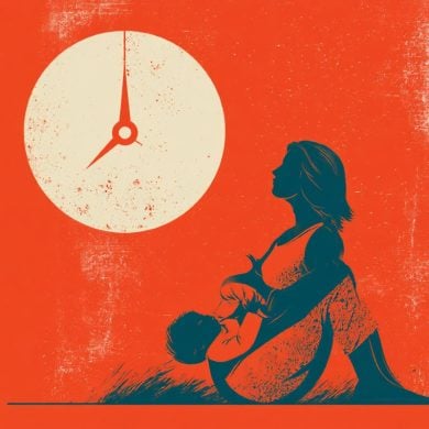This shows a clock, a mom and a baby.