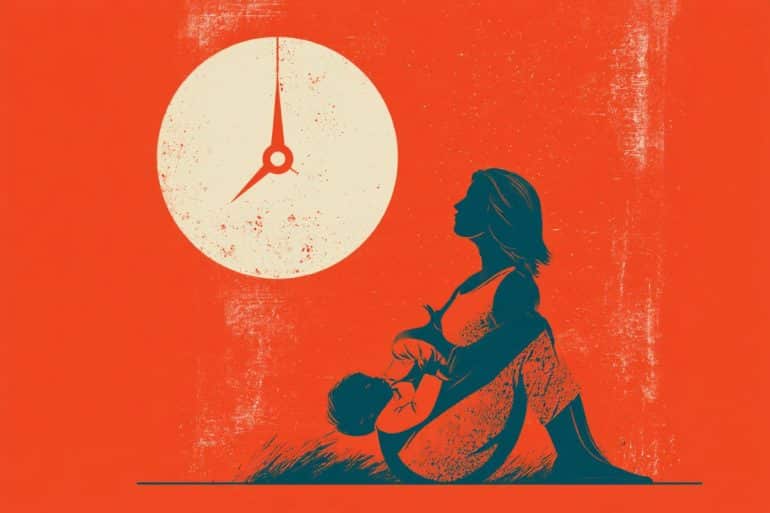 This shows a clock, a mom and a baby.