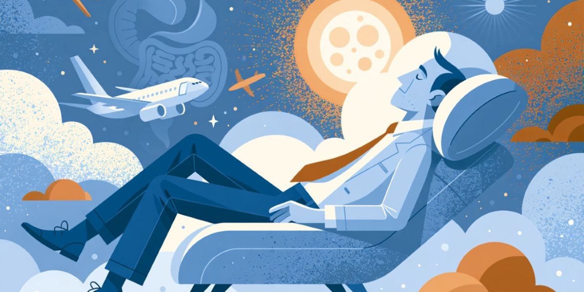 This shows a person sleeping, a plane, and gut bacteria.