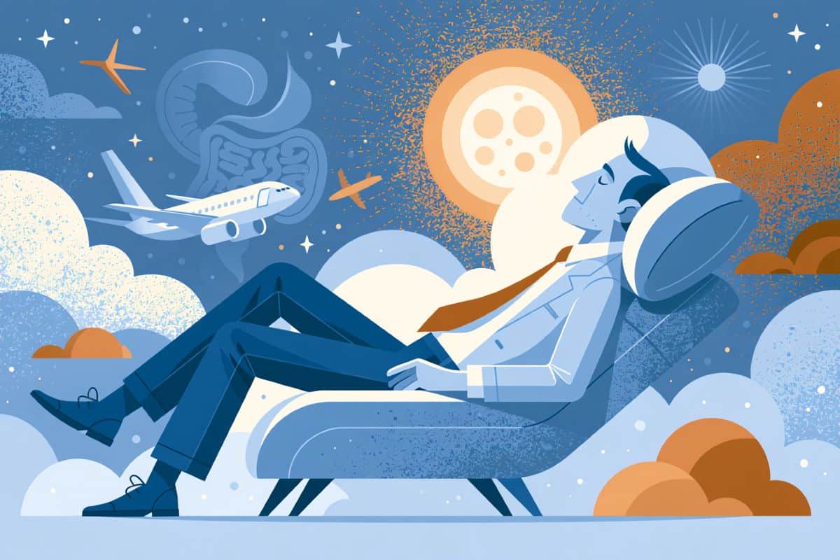 This shows a person sleeping, a plane, and gut bacteria.