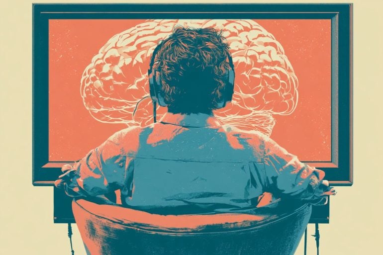 This shows a person looking at a brain on a computer monitor.